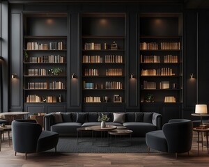 Luxurious bank lounge with velvet sofas, ambient lighting, library shelves, high-end client area, luxury relaxation
