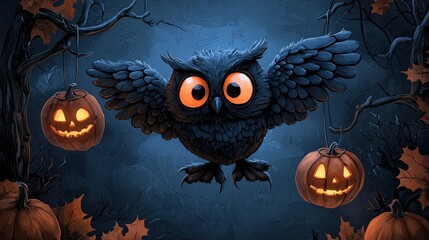 An adorable owl with pumpkins in a Halloween-themed setting.