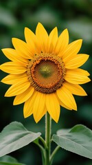 Obraz premium Vibrant sunflower with yellow petals and green leaves against blurred background.