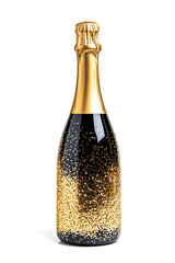 Bottle of champagne decorated with golden glitter isolated on white background