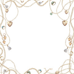 Square frame with chains, pendants, charms, rings in realistic style. Isolated watercolor illustration for magazine design, web pages, jewelry blogs, fair and sales posters