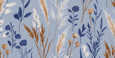 Fototapeta premium Dry flowers on textured dark gray background, interior wallpaper with beige tones