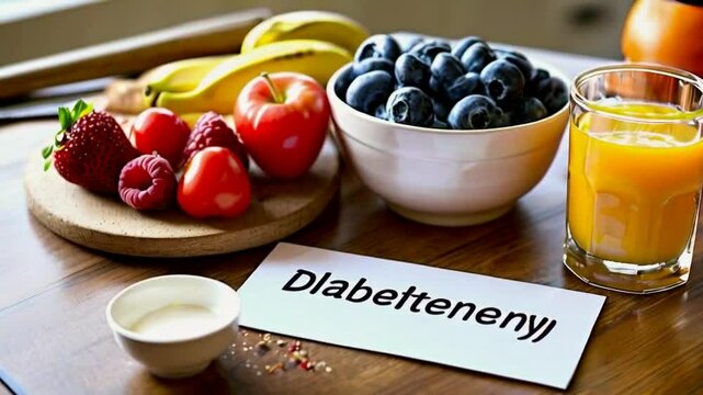 A vibrant display of fruits with a label, suggesting a focus on healthy eating.