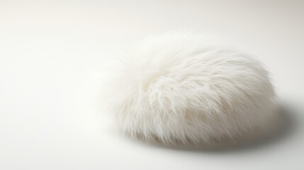 A lightweight fur accessory in a capsule shape rests against a spotless white background, highlighting its luxurious softness and unique design, perfect for stylish exhibitions