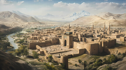 Overhead view of the ancient city of balkh in afghanistan. Silk Road Traders. Illustration