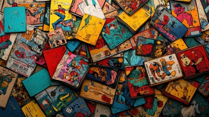 Colorful comic book covers scattered on a surface, showcasing superheroes.