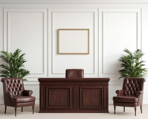 Bank reception with mahogany desk, leather chairs, classic art pieces, timeless bank interior, luxury traditional finance