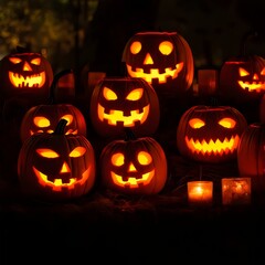 Fototapeta premium halloween Jack O' Lantern pumpkins in the dark. 3D illustration.