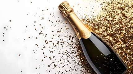 Bottle of champagne  on background with golden glitter 