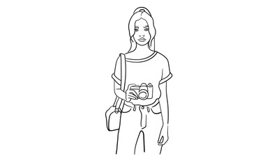 Girl photographer continuous line art drawing isolated on white background. Camera line art drawing. Vector illustration	