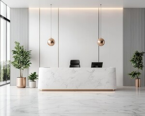 Stylish bank reception with marble floors, designer furniture, unique lighting, luxury bank lobby, elegant atmosphere