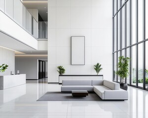 Contemporary bank lobby with glass partitions, modern furniture, open space, sleek bank design, luxury modern finance
