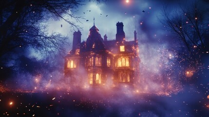 Fototapeta premium Glowing Haunted House in Abstract Scene