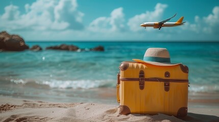 Travel on Summer and tourist planning with yellow suitcase with white hat fashion and airplane on the sky in the beautiful beach. Travel in holiday. Blue sky and sand background, on travel in summer.