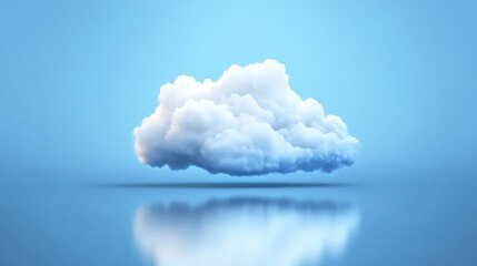 A single fluffy white cloud floats against a bright blue sky, with its reflection mirrored in the water below.