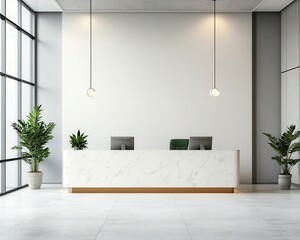 Stylish bank reception with marble floors, designer furniture, unique lighting, luxury bank lobby, elegant atmosphere
