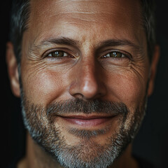 Fototapeta premium Close-up portrait of the man face, with sharp facial features and textured skin, slightly greying hair, short beard, hazel eyes, confident smile on his lips, black background