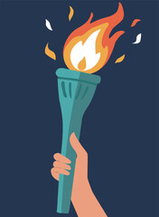 Human hand holding olympic torch with fire flames. Flat vector illustration	