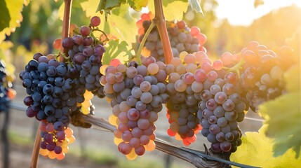Ripe Grapes Hanging on Vine in Autumn Sunlight