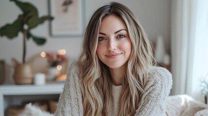 Beauty blogger showcasing affordable beauty products and easy makeup techniques with a cozy home background.