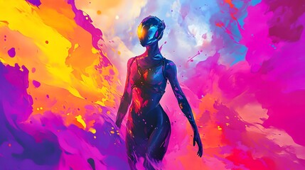 Vivid image of a woman inspired by minimalism. Vivid flaming colors, female figure, mask on face