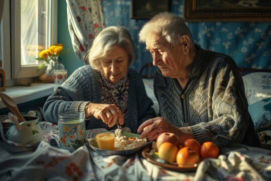 Portrait of a blissful caucasian couple in their 60s preparing a surprise breakfast in bed