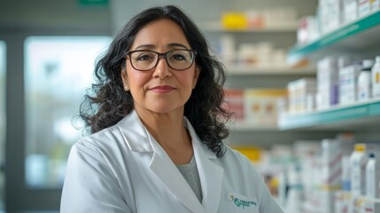 Obraz premium A middle-aged Latina female pharmacist wearing glasses and a white lab coat stands confidently in a community pharmacy, surrounded by shelves filled with various medications