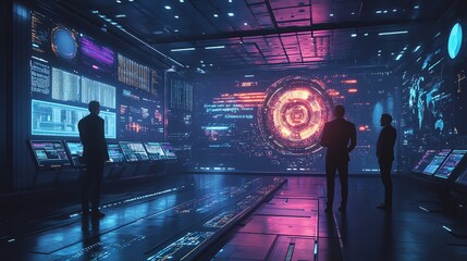 Obraz premium AIpowered business environment, professionals interacting with smart systems, 3D illustration