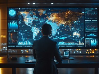 Business leader analyzing global markets with AIpowered analytics on a large digital screen AI innovation, market strategy