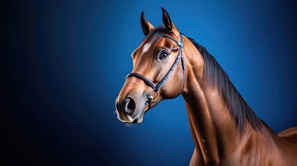 Fototapeta premium A majestic brown horse with a shiny coat stands against a vibrant blue background, showcasing its beauty and elegance.