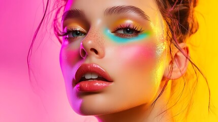 Beauty influencer sharing trendy makeup products and techniques with a vibrant, colorful abstract background.