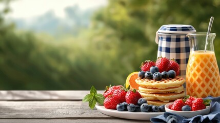 Delicious breakfast with pancakes, berries, and orange juice on a wooden table.