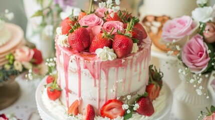 Pink cake decorated with strawberries
