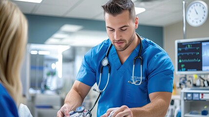 A male nurse in scrubs provides care and assesses a patient in a hospital setting, highlighting professional medical service.