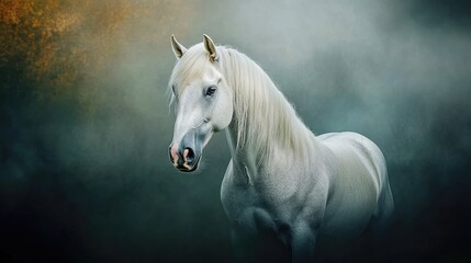 A majestic white horse stands gracefully in a mystical fog, capturing the essence of beauty and serenity in nature.