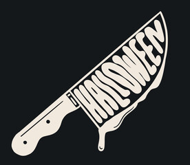 Scary knife with Halloween lettering on hand drawn vector illustration