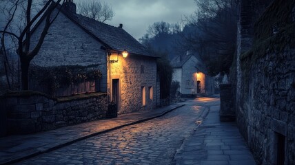 Obraz premium Charming village street illuminated by soft lantern light at dusk.