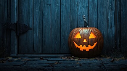 Obraz premium Glowing Halloween pumpkin with a spooky expression on a rustic wooden background.