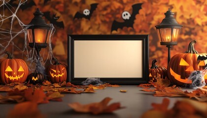 Halloween-themed wall art mockup featuring a high-resolution frame design perfect for showcasing festive decor in a stylish setting. Ideal for seasonal displays and creative inspiration.