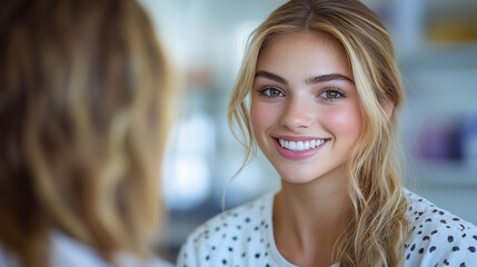 Obraz premium Blonde woman smiling at camera, indoor portrait with soft lighting