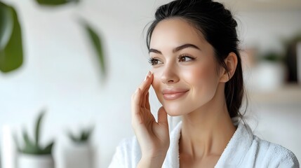 Beauty vlogger reviewing and applying minimalist beauty products with a clean, white background.
