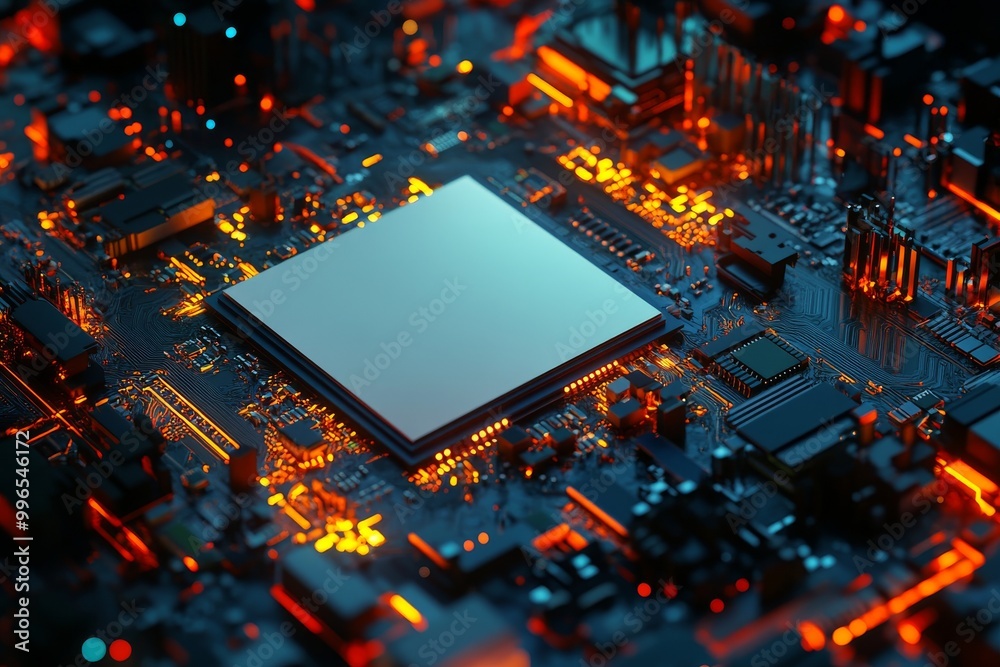 Poster this is an abstract technology background of a computer system with a processor and electronic circu