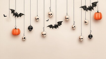 Halloween decorations with pumpkins, bats, and skulls on a pale background.
