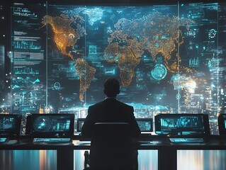 CEO presenting global market growth strategies using holographic charts, futuristic boardroom Global strategy, market expansion