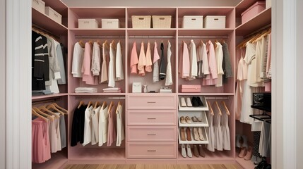 Pink Walk in Closet with Clothes  Shoes  and Storage Bins