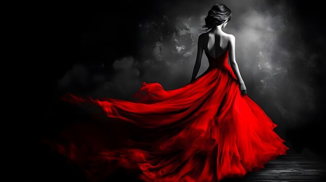 Black and white image of a young beautiful slim woman in a red long dress with an open back on a black background
