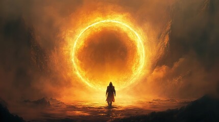 A lone figure stands before a glowing portal in a mystical landscape under a starry sky at dusk