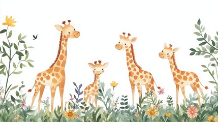 Fototapeta premium Cartoon watercolor style jungle safari animals in the forest. Based on an AI image.