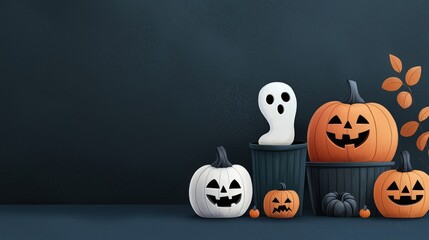 Halloween pumpkins and ghost decoration on dark background.