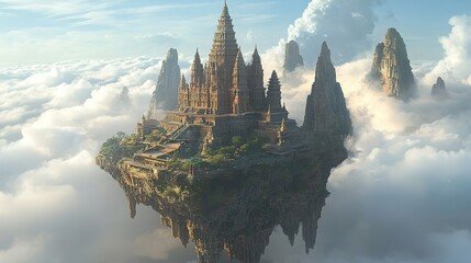 A majestic floating temple surrounded by clouds under a clear blue sky, showcasing intricate architecture and lush greenery